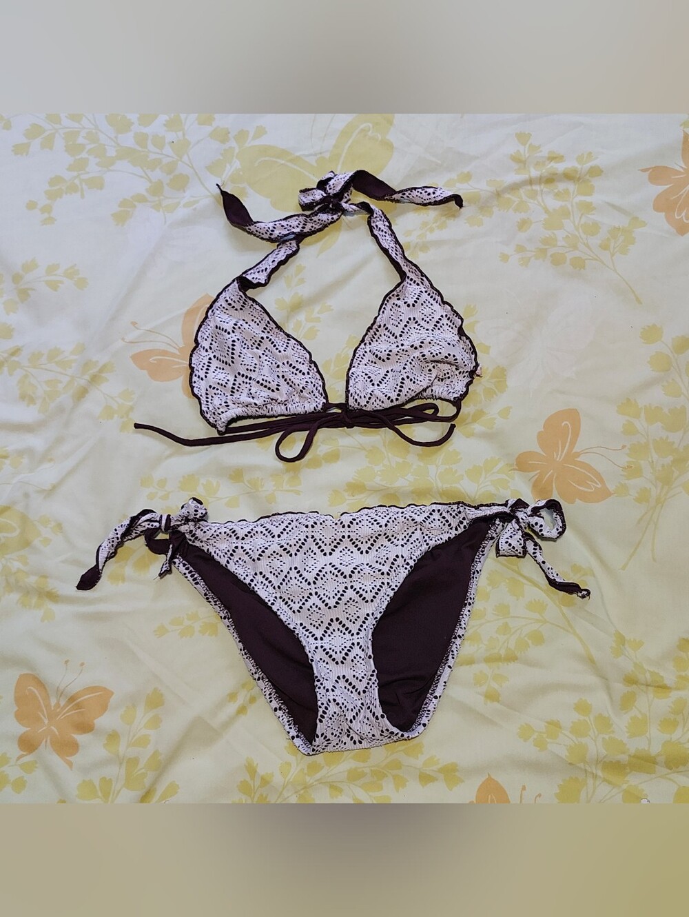Y2k Crochet Bikini Bathing Suit Medium 2 Piece Set Festival Boho Swimsuit Cream
